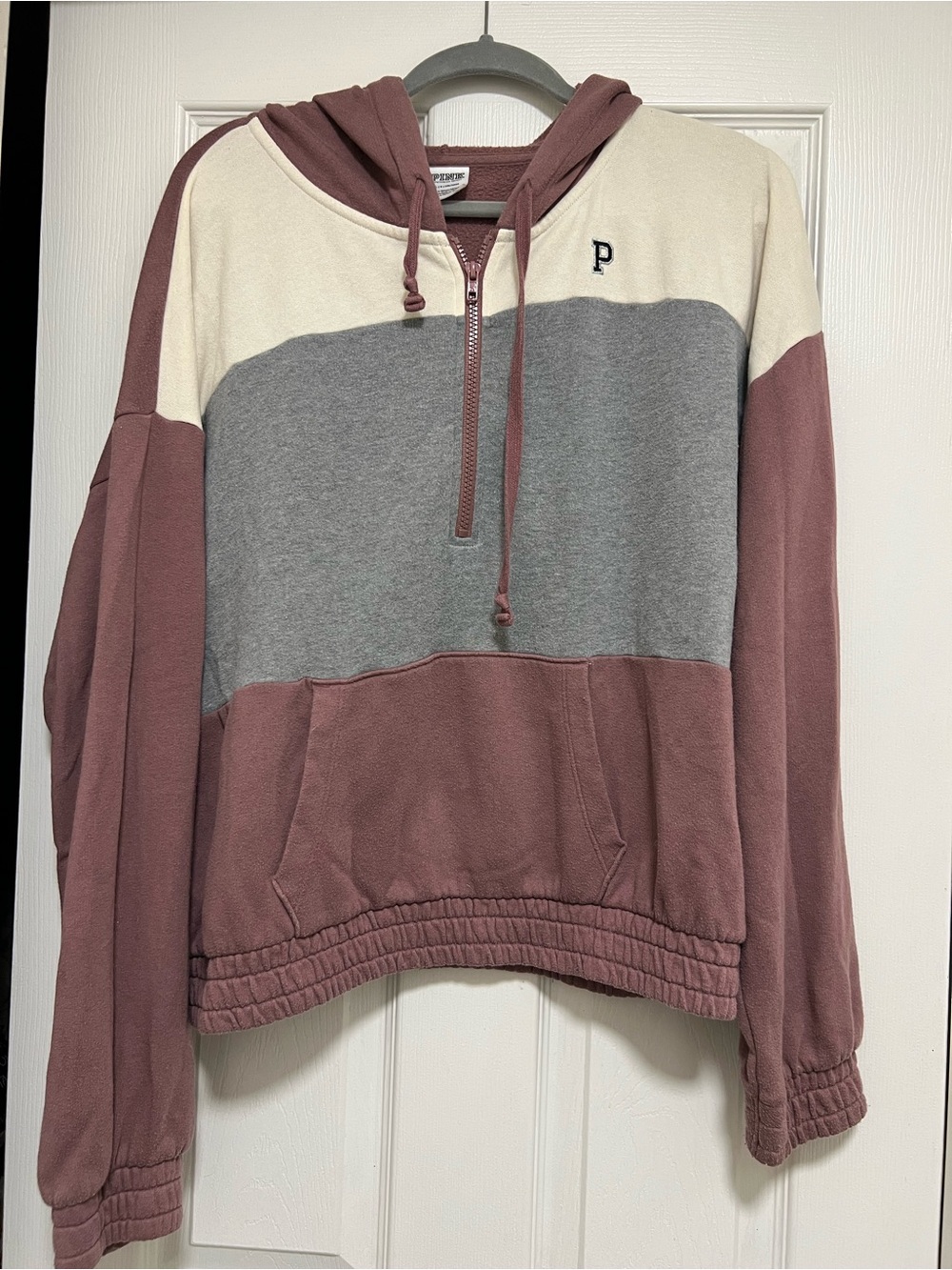 PINK Victoria's Secret Colorblock 1/4 Zip Hoodie Pockets Logo L Mauve Gray